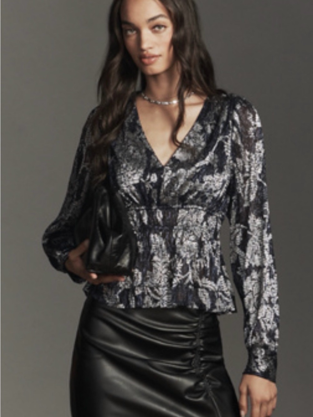 Anthropologie -  Shimmering Black V-Neck Long-Sleeve Peplum Top